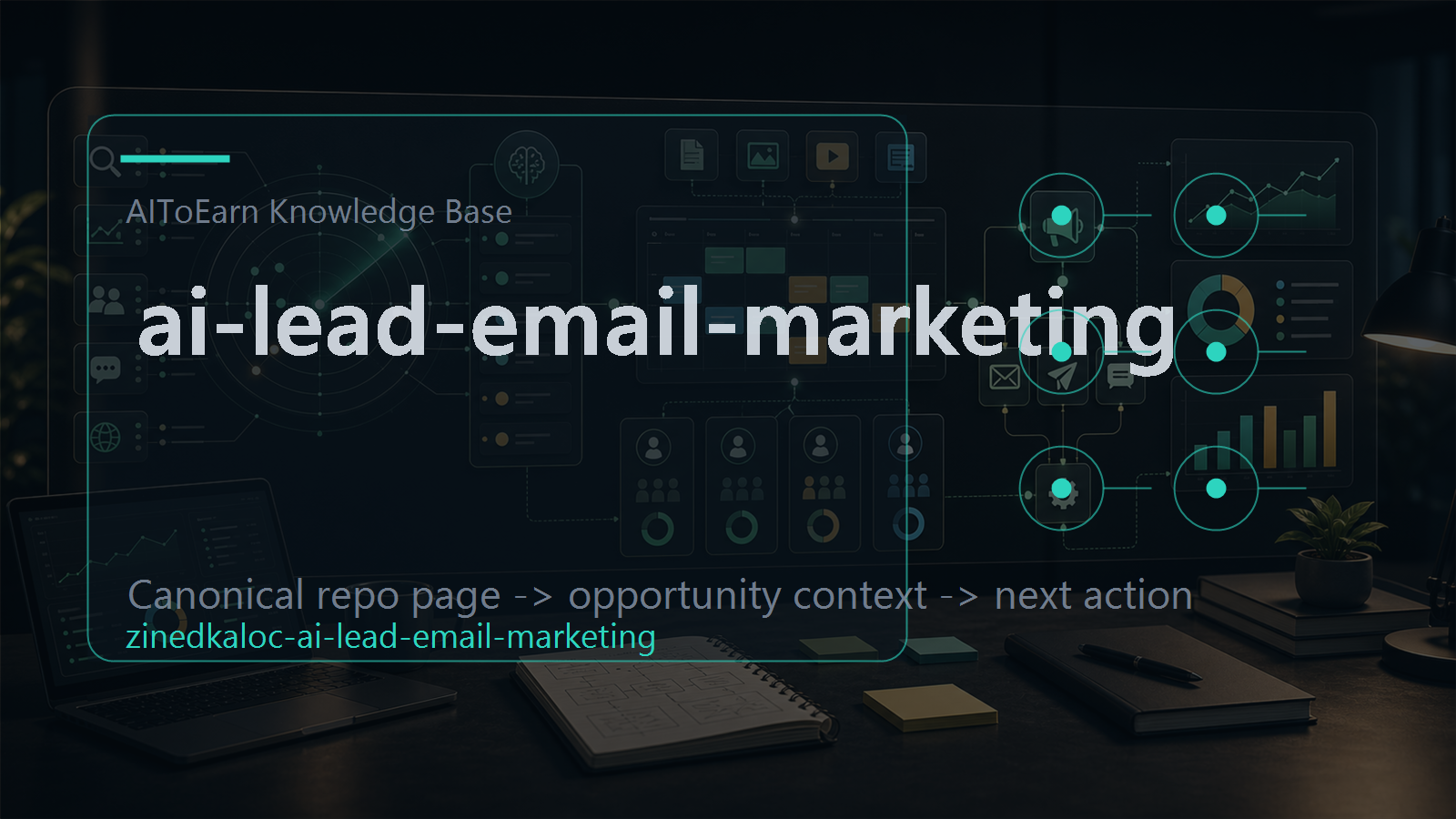 Knowledge-base page for ai-lead-email-marketing, shown as an AI opportunity intelligence visual tied to its topic cluster.