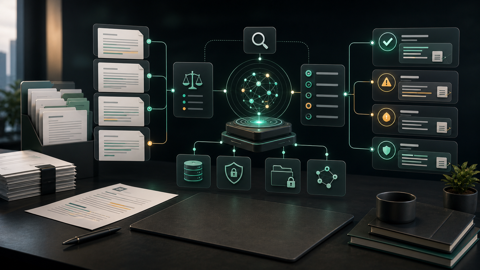 Legal advisory AI assistant opportunity showing contract documents, retrieval, citations, risk flags, and verified answers.